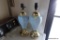 (BACK) PAIR OF LIGHT BLUE LAMP BASES. SHADES NOT INCLUDED. GOLD TONE TRIM, MEASURES 18