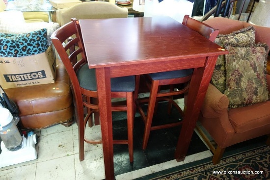 (R1) PUB TABLE AND STOOLS; RAISED TABLE FOR 2 WITH MATCHING BAR-HEIGHT STOOLS. RICH REDDISH BROWN