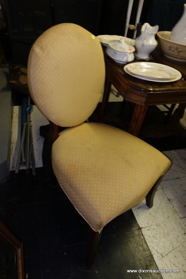 (R1) ROUND BACK DINING SIDE CHAIRS; 4 TOTAL. COVERED IN A YELLOW DOTTED FABRIC ON BACKS AND SEATS