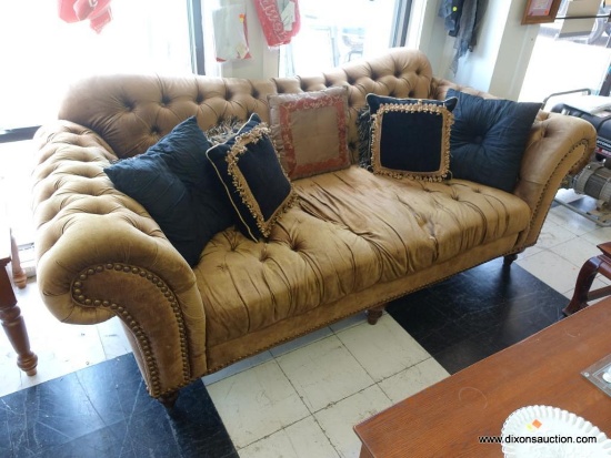 (R2) GOLD TUFTED ARM/BACK SOFA; REGENCY STYLE WITH TUFTED BACK AND ARMS. RIVETED ROLLED ARMS WITH