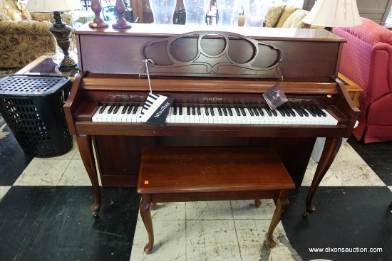 (R2) WURLITZER PIANO; 1990'S UPRIGHT PIANO IN CHERRY FINISH WITH ORIGINAL MATCHING BENCH. MODEL#