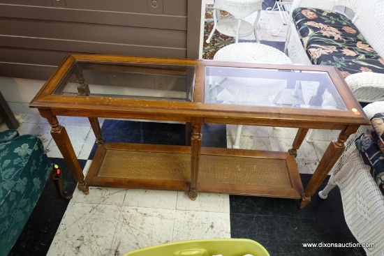(R3) GLASS-TOP SOFA TABLE; 2 PANES OF BEVELED GLASS ON TOP SURFACE, LOWER SURFACE IS CANE-WOVEN ALL