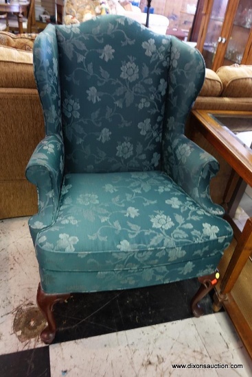 (R3) EMERALD GREEN WINGBACK QUEEN ANNE ARMCHAIR; MADE BY WOODMARK ORIGINALS. WITH A DECIDEDLY