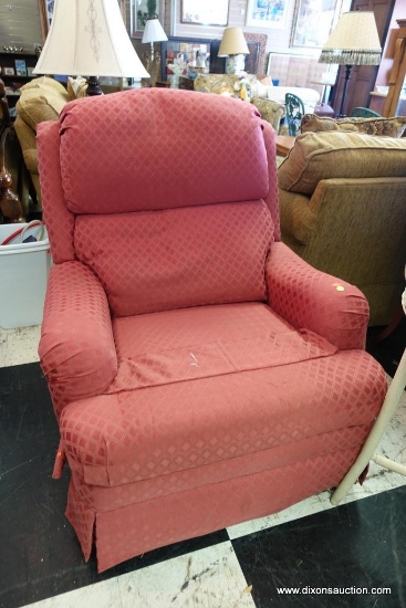 (R3) LIGHT RED RECLINER; DIAMOND PATTERN, PILLOW BACK. WORKS GREAT, HAS REPAIRS THAT HAVE BEEN MADE