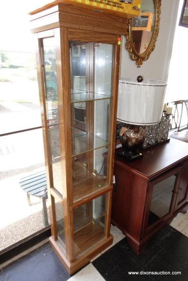 (FR) CURIO CABINET; OAK 5 SHELF CURIO CABINET WITH LIGHTED INTERIOR AND SIDE OPENING GLASS DOORS: