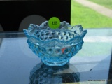 (FC) FENTON BLUE GLASS SMALL DISH WITH HOBNAIL PATTERN AND LACE EDGES. MEASURES 2