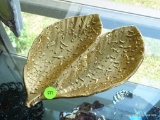 (FC) HAND DECORATED 22K GOLD WEEPING BRIGHT GOLD DISH; LEAF SHAPED, SIGNED #32. MEASURES ALMOST 10