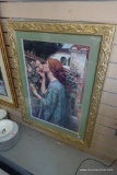 (W) FRAMED AND DOUBLE MATTED PRINT OF WOMAN STOPPING TO SMELL THE ROSES SIGNED J.W. WATERHOUSE. IN