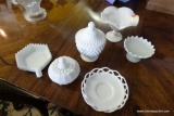 (R1) MILK GLASS LOT; INCLUDES LACE EDGE SAUCER, SUGAR BOWL, HOBNAIL PATTERNED ONE LOOP HANDLE DISH,