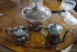 (R1) LOT OF 3 SILVER PLATED ITEMS: COFFEE POT, TEA POT, LIDDED CHAFING DISH WITH STAND