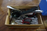 (R1) TRAY LOT OF ASSORTED FLATWARE AND KNIVES. (INCLUDES 2 FARBERWARE SCISSORS, A WHET STONE, AND A