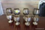 (R1) LOT OF 4 SILVER PLATE AND ETCHED CORDIALS WITH 4 MATCHING MINIATURE CORDIALS