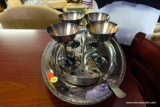 (R1) SILVER PLATE LOT: 4 SHERRY GLASSES, LADLE, TREE PATTERN FOOTED DISH. INCLUDES A ROGERS NICKEL