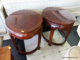 (R2) PAIR OF CHERRY END TABLES, OVAL SHAPED WITH QUAD INLAY DESIGN ON TOP AND STRETCHER BASES. EACH