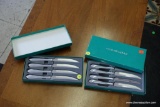 (R2) TOWLE STAINLESS 4 PC KNIFE SETS BY WOODWARD AND LOTHROP; IN ORIGINAL GREEN BOXES. 2 SETS OF 4.