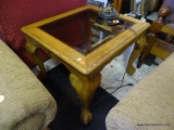 (R2) PAIR OF MATCHING GLASS TOP END TABLES; MATCHES LOT #313. EACH TABLE HAS WOODEN FRAME WITH LIGHT