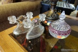 (R2) CUT GLASS LOT; TWO DOUBLE CANDLESTICK HOLDERS AND ONE LIDDED ROUND CANDY DISH WITH RED GLASS
