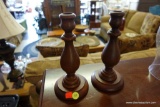 (R2) PAIR OF WOODEN SPINDLE-LIKE CANDLESTICK HOLDERS; FELT PADS ON BOTTOMS, STAND ABOUT 8