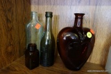 (R2) GLASS BOTTLE LOT; INCLUDES LARGE HEART-SHAPED PAUL MASSON BRANDY BOTTLE. TOTAL OF 4 PIECES IN