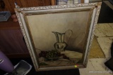 (R2) FRAMED OIL PAINTING OF STILL LIFE SCENE; SHOWS A HANDLED PITCHER NEXT TO A BOWL FILLED WITH