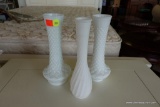 (R3) MILK GLASS BUD VASE LOT; 3 TOTAL PIECES. 2 HOBNAIL PATTERNED (1 SIGNED RANDALL), AND ONE TWIST
