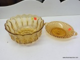 (R3) AMBER COLORED GLASS LOT; INCLUDES 2 PIECES. ONE IS A FLUTED, LACE EDGED ROUND BOWL ( 8.5