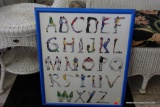 (R3) BLUE FRAMED ALPHABET POSTER WITH BASEBALL PLAYERS POSED TO FORM THE LETTERS. BRIGHT BLUE FRAME,