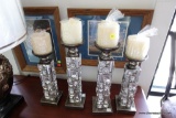 (R4) LOT OF 4 MODERN RHINESTONE AND GEOMETRIC PATTERN CANDLE HOLDERS. TALLEST: 14