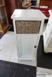 (R3) SMALL WHITE STORAGE CABINET WITH BASKET DRAWER;