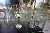 (R5) GLASS LOT: HURRICANE SHADES FOR CANDLES, CANDLESTICK HOLDERS, SHOT GLASSES, GLASS DIAMOND STYLE