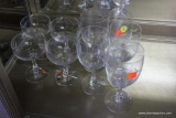 (R5) FOSTORIA BRAND ETCHED CRYSTAL STEMWARE: 4 SHERRY GLASSES, 4 RED WINE STEMS, BRANDY SNIFTER