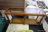 (R3) GLASS-TOP SOFA TABLE; 2 PANES OF BEVELED GLASS ON TOP SURFACE, LOWER SURFACE IS CANE-WOVEN ALL
