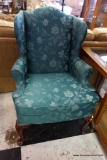 (R3) EMERALD GREEN WINGBACK QUEEN ANNE ARMCHAIR; MADE BY WOODMARK ORIGINALS. WITH A DECIDEDLY