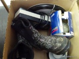 (BACK) BOX LOT: PAIR OF BOGS RAIN BOOTS, DEWALT DRILL BIT SET, WAGNER HALOGEN HEADLAMP, ETC