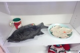 (BACK) SHELF LOT: POTTERY FISH THEMED SERVING PLATTER, SANTA MUG, ETC
