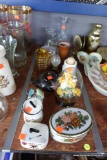 (BACK) TABLE LOT OF ASSORTED ITEMS: VASES, TEA POT, ARTIFICIAL PLANT UNDER EGG DOME, ETC