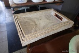 (BACK) SET OF 3 GRADUATED WOVEN RECTANGULAR SERVING TRAYS; NATURAL COLOR. MEASURING 20