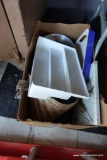 (BACK) BOX LOT UNDER TABLE CONTAINING PEWTER SPITTOON, EXPANDABLE DESK ORGANIZER, WOVEN BASKET, ETC.