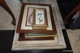 (BACK) LOT OF FRAMED ITEMS: 4 BOTANICAL PRINTS, 1 PRINT OF INTERIOR OF AN OLD TIMEY GENERAL STORE,