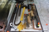 (BACK) TOOLS LOT; TABLE LOT INCLUDES TROWELS, MALLETS, CROWBAR, SCREWDRIVER SET, AND MORE.