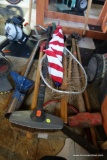 (BACK) ASSORTMENT OF YARD TOOLS; INCLUDES TILLER, BRUSH, FISHING STYLE NET, US FLAG, MALLETS,