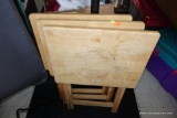 (BACK) SET OF 3 NATURAL LIGHT WOODEN TV TRAYS. EACH IS 29