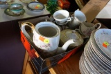 (BACK) TEA SET BOX LOT; LEFTON CHINA, PATTERN #3166. INCLUDES CUPS, SUGAR/CREAMER PITCHERS, TEA POT,