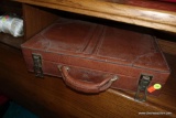(BACK) HARD SIDED LEATHER BRIEFCASE WITH METAL CLOSURES, RICH BROWN LEATHER, HAS INTERIOR POCKETS