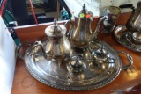 (BACK) SILVERPLATE TEA SERVICE SET; INCLUDES OVAL HANDLED TRAY, CREAMER/SUGAR BOWLS, AND 2