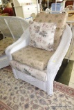 (R4) WICKER ARMCHAIR; WHITE WICKER CHAIR, COMES WITH 2 DIFFERENT SET OF CUSHIONS (ONE TAN WITH