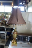 (BACK) TABLE LAMP; GRECIAN URN STYLE BASE WITH CHOCOLATE BROWN MODIFIED BELL SHAPED LAMPSHADE AND