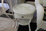 (R4) PAIR OF ROUND WICKER END TABLES; MADE BY HAMPTON BAY. EACH MEASURES 19