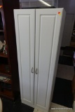 (R5) WHITE 2-DOOR CABINET WITH INTERIOR 5 SHELVES. PLEASE NOTE THE BOTTOM MAY NEED SOME TLC BUT