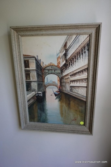 (BD4) FRAMED PRINT OF A CANAL SCENE IN GRAY FRAME: . PLEASE NOTE THAT THE SCHEDULED PICKUP DATE WILL